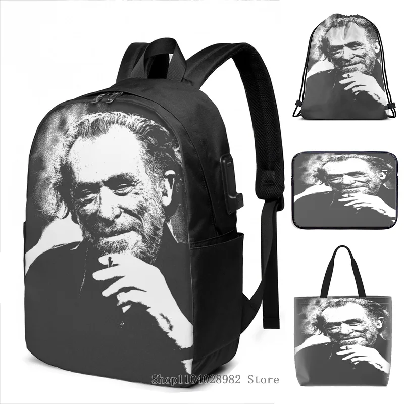 Funny Graphic Print Charles Bukowski(2) USB Charge Backpack men School bags Women Tote Bags Travel laptop bag