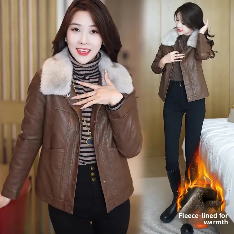 Faionable Fce gefüttertes PU-Leder Ort Jaet Damen Winter New Sle Ele Damen Vielseitiger großer Pelzkragen Trendy