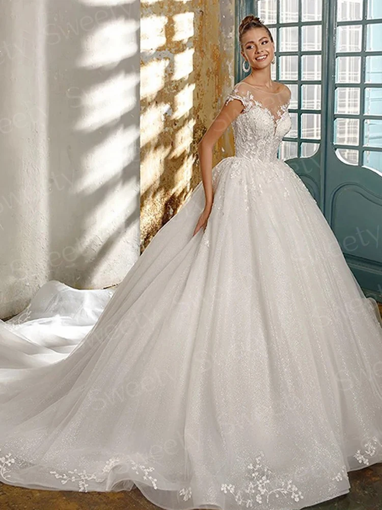 Robe de Mariée Glamour en Dentelle Brodée sur Filet, Tenue de Princesse Chic à Manches sulf, Col Bateau, pour Patients