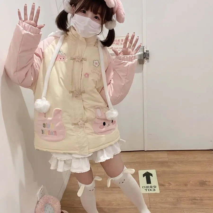 Cute Original Winter Coat Loose All Match Cartoon Rabbit Ear Zipper Hoodie Sweet Girl Thicken Puffer Jacket Coat Women y2k top