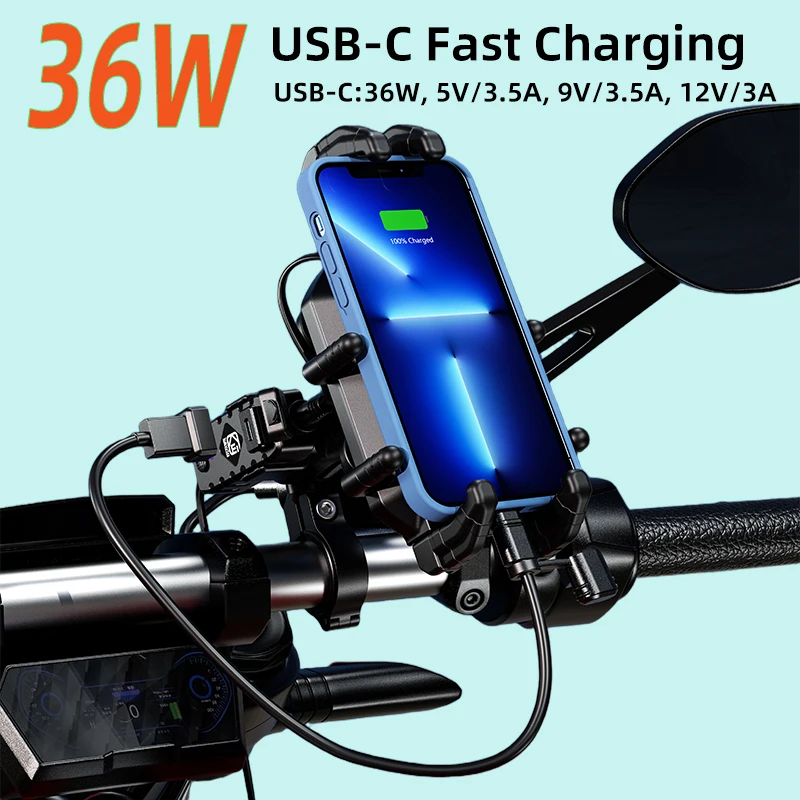 Kewig M26A Motorcycle Phone Holder 15W Wireless Charger 36W USB C Charging Vibration Dampener Anti-Theft Handlebar Phone Mount view 4