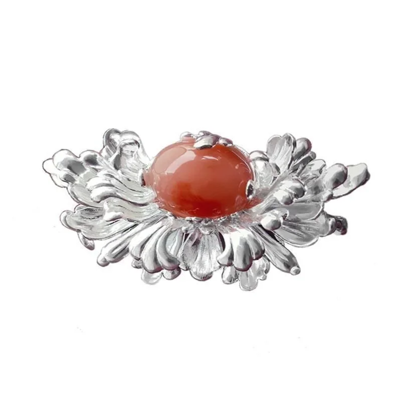 925 Silver Glossy Southern Red Tourmaline Luxury Brooch Classical Court Style Brooches for Women Classic Hanfu Broche Jewelry