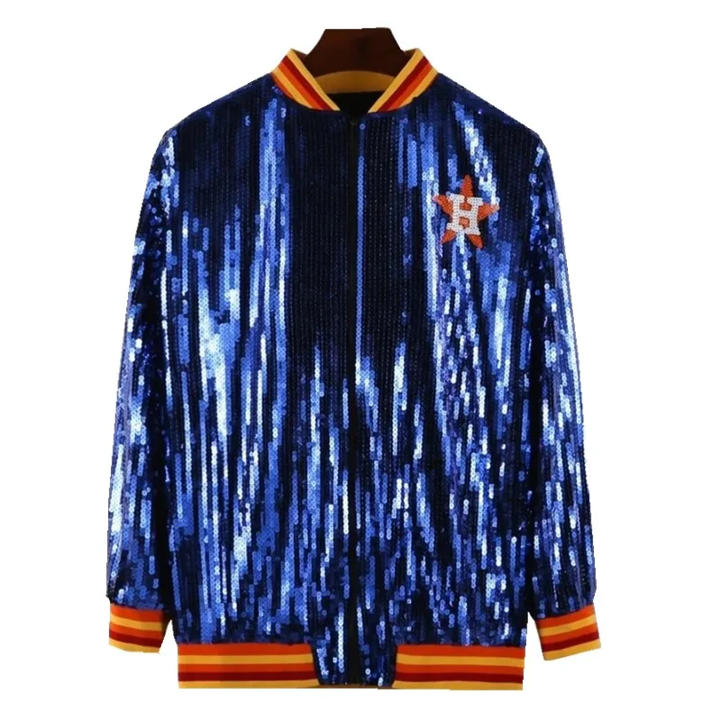 New European American Hip Hop Street Women Sequined Jacket Long Sleeves Baseball Bomber Zipper Top Blue Outerwear Drop Shipping