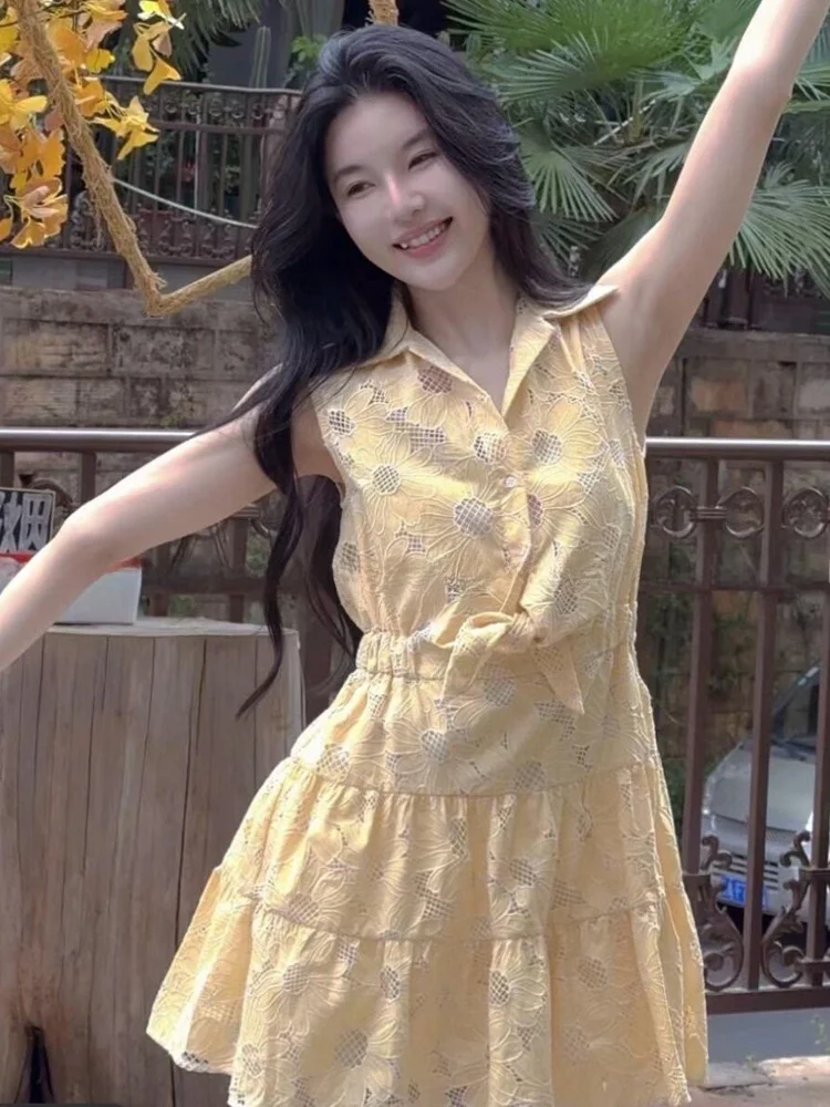 Vestido de Mujer S-Home, Estilo Coreano, Nuevo Estilo Otoñal, Bordado Hueco cado, Cuello Alto, Sin Mangas, Cintura Ajusta...