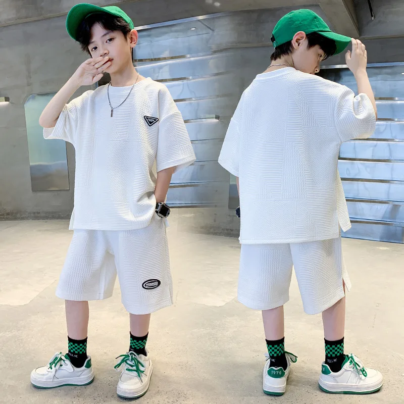 New Summer Boys Clothes Sets Teen Short Sweatshirt + Pants Children Clothing Solid Kids Boy Sport Suits 4 6 8 10 12 14 Years