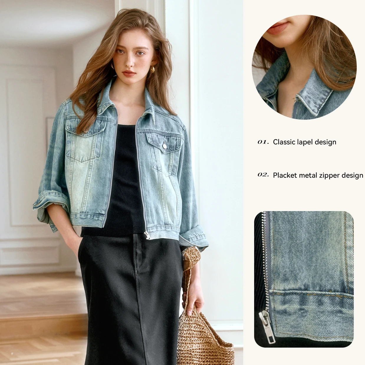 OLrain Women's Zip Up Short Denim Jacket 2025 Early Autumn Ladies Casual Retro Washed Blue Outerwear Female Clothing M56QW92962