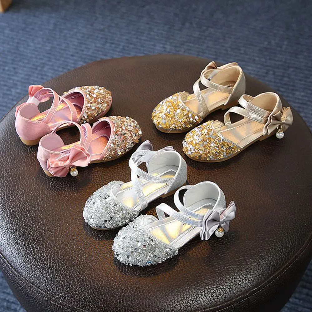 Summer Children Princess Shoes Baby Girls Flat Bling Leather Sandals Fashion Sequin Soft Kids Dance Party Sparkly Shoes