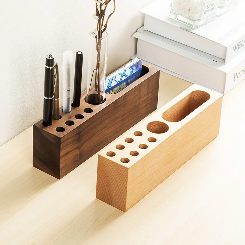 ✨Office Zen​ Plant Lover Wood Pen Holder Desk Caddy with Glass Tube Planter Office Organizer Unique Business Gift for Desk Tidy