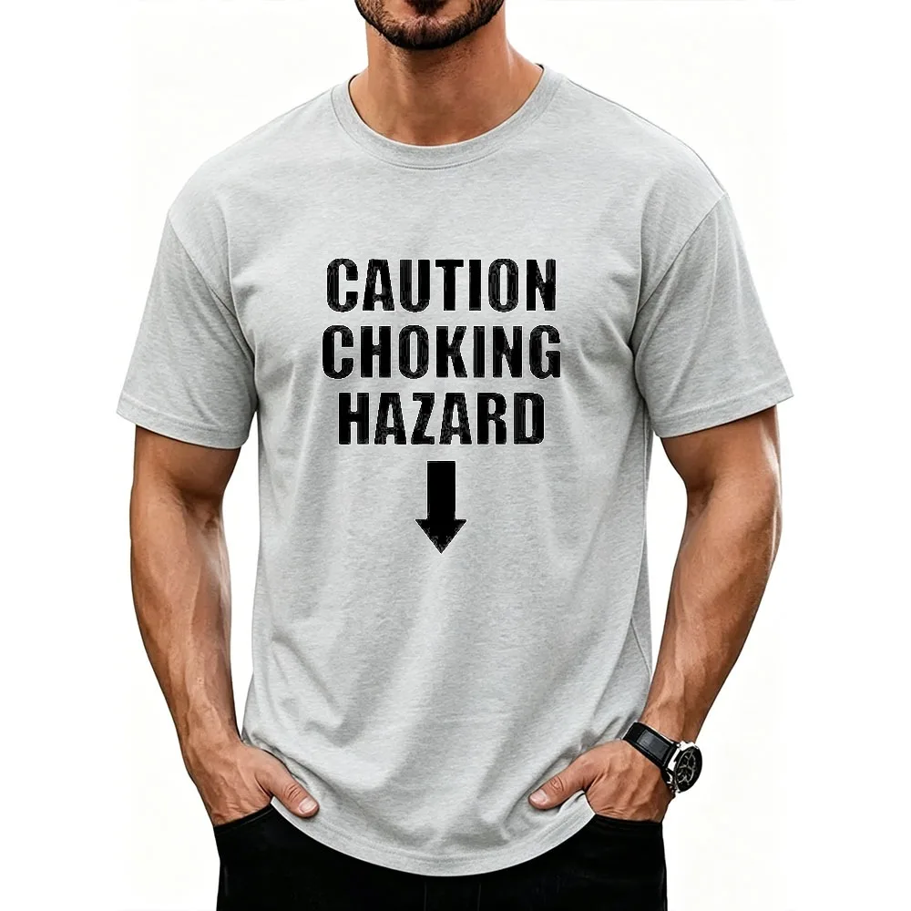 Vintage Distressed CAUTION CHOKING HAZARD Arrow Slogan Cotton T Shirt Men Funny Humor Graphic Loose Streetwear Daily Casual Tops