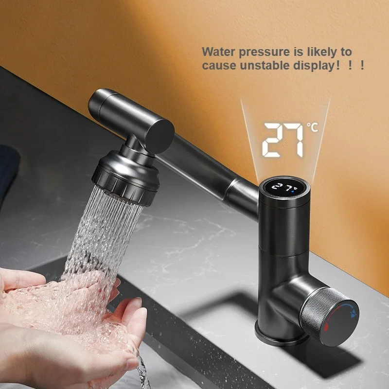 Bathroom washbasin hot and cold faucet, LED temperature display, gray rotatable adjustable water angle faucet