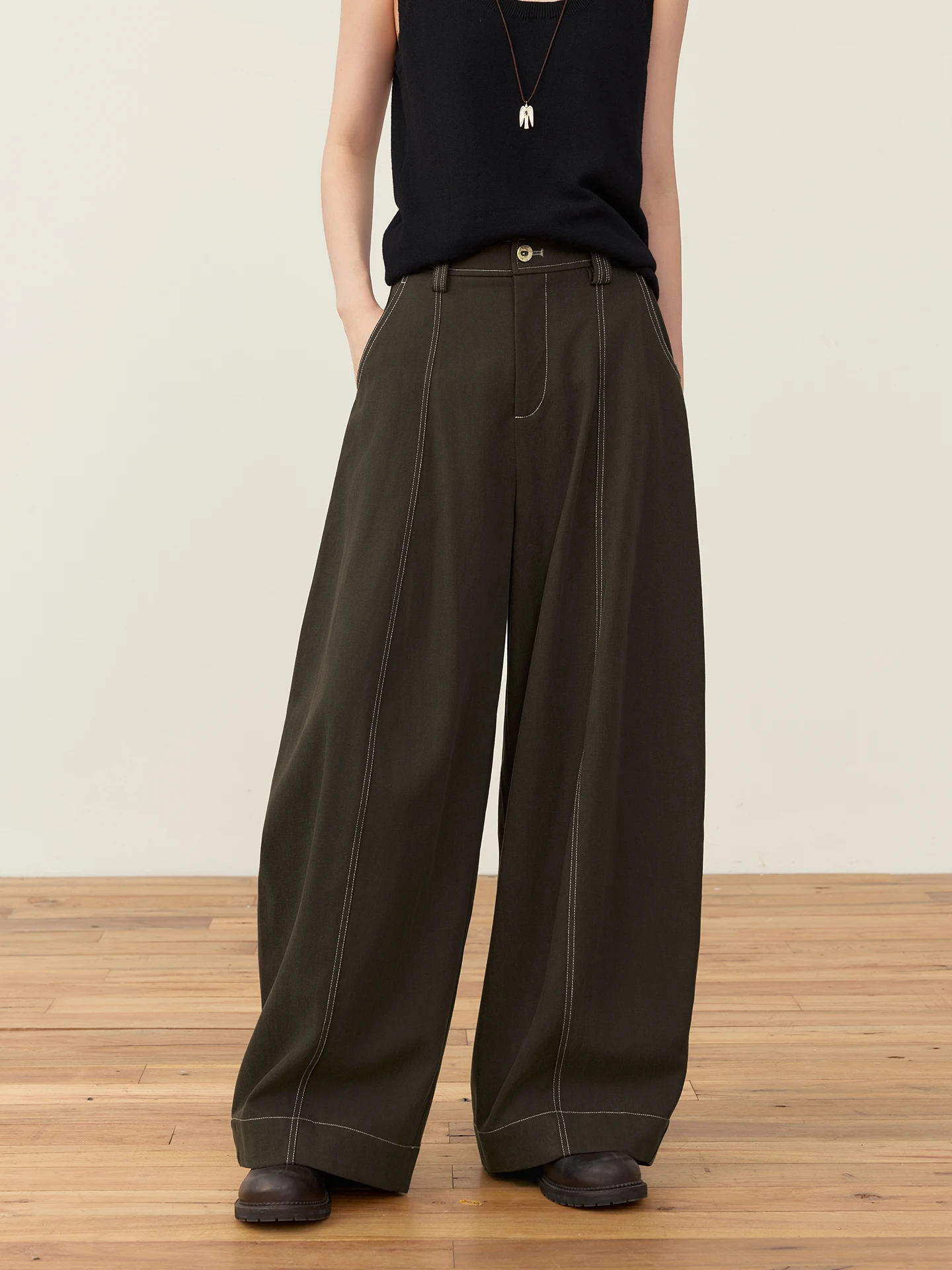 

Octopusme Vintage Pleated Wide Leg Pants Women's Loose Drapey Straight Long Trousers Casual Sle l Waist Other Fabric