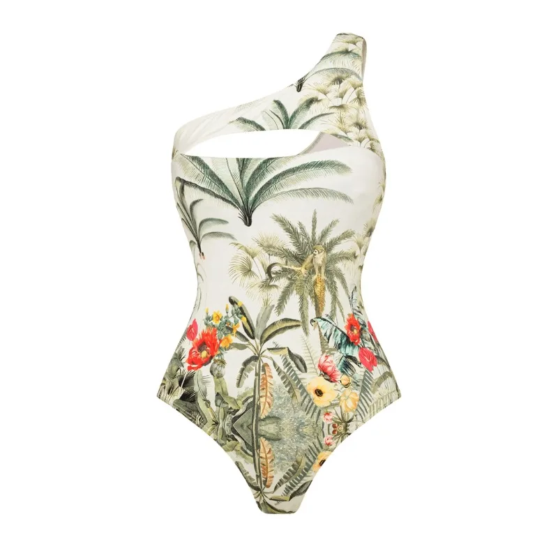 ชุดว่ายน้ําสตรีชิ้นเดียวชุดว่ายน้ําไหล่เดียวกลวงออกป่าเขตร้อนพิมพ์ Monokini ชายหาดวันหยุดสไตล์สวมชุดแม็กซี่