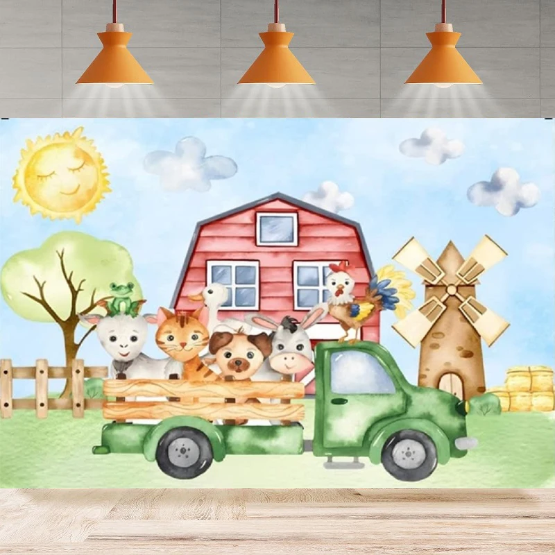 Photography Backdrop Blue Red Barn Farm Animals Cartoon Farm Background Kids Birthday Home Party Backdrop Wall Banner Decor