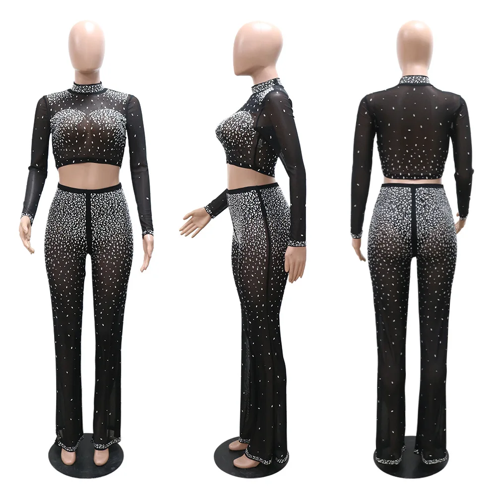 Hot Diamonds Perspective Two Piece Set for Women Sexy See Through Crop Top + Pants Clubwear Party Outfits Matching Sets