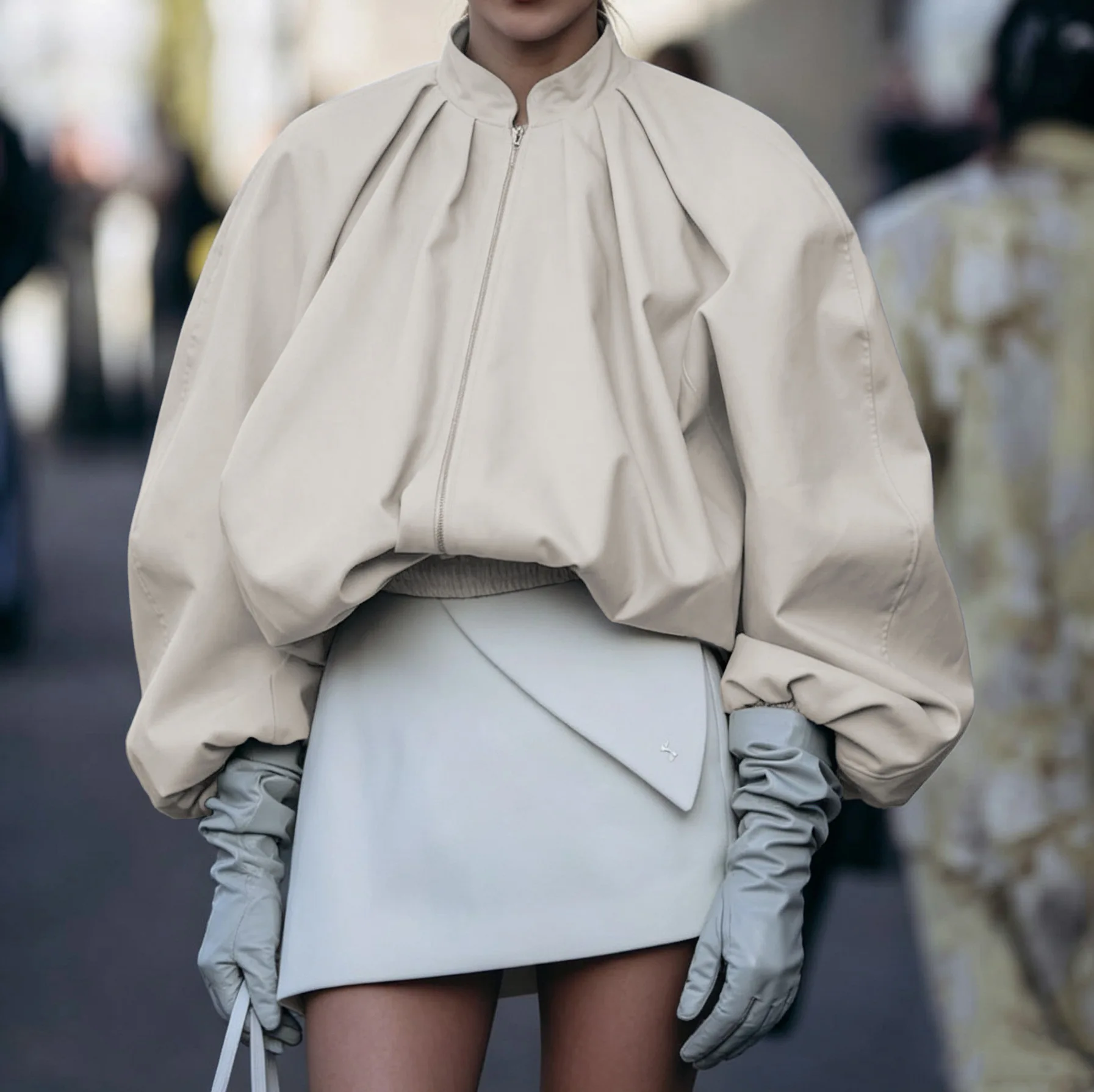 Autumn Minimalist Women Outerwear Streetwear Lady Short Coat Stand Collar Lantern Sleeve Jacket Zip Up Gathered Oversized