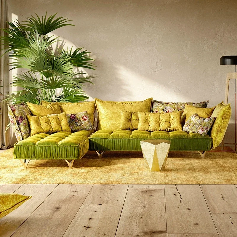 Italian designer retro comfortable pattern high-grade green fabric corner combination sofa living room villa home