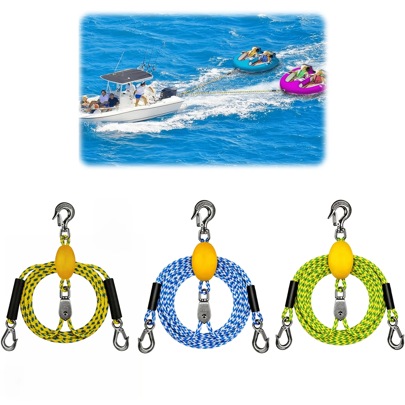 Hochbelastbares Marine-Schleppseil mit schwimmendem PVC-Schaumstoffschlauch, Edelstahlschnalle, widerstandsfähiger Schleppschlauch für Snowboard, Mehrpersonen-Wassersport