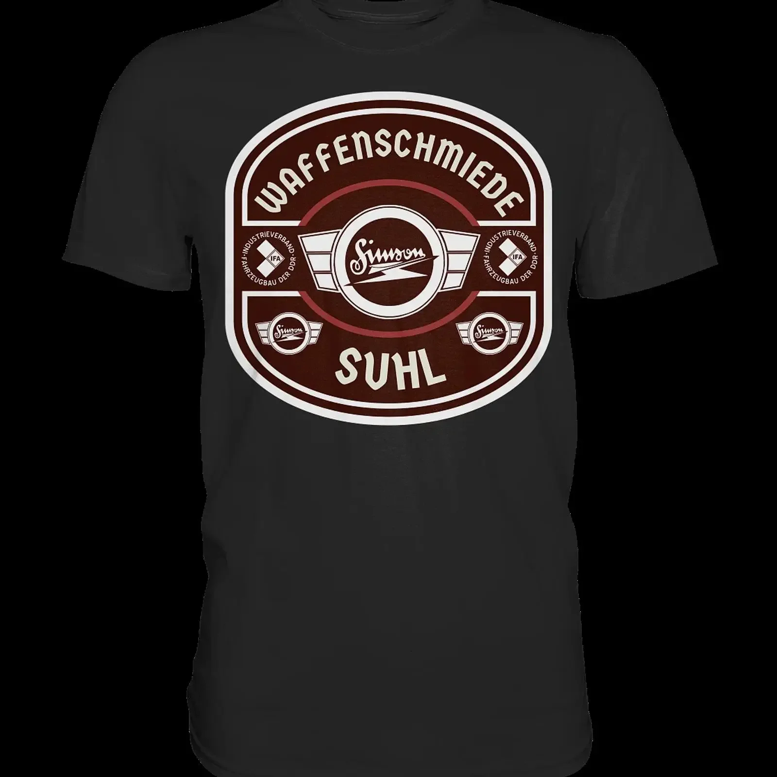 Premium T Shirt Waffenschmiede Suhl Simson IFA VEB DDR Schwalbe SR1 2 S50 Geschenk vintage Washed homme fashion Stretched