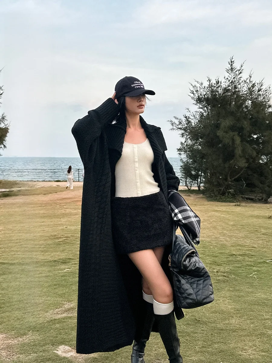 

Вязаный кардиган Venuii свободного кроя для женщин, черный, оверсайз, с широкими плечами, большим воротником, на пуговицах, весенний, в стиле lazy style