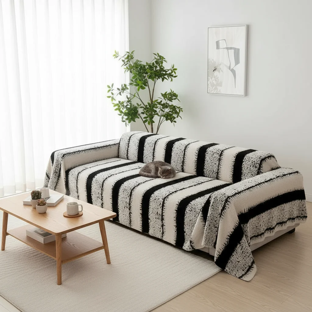 

Черно-белое толстое полосатое полотенце для дивана в богемном стиле ретро, цельное чехол для дивана, ткань для гостиной, домашний декор
