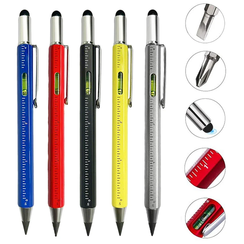 Multi Functional Metal Eternal Pencil Replaceable Pen Tip Horizontal Ruler Touch Screen 6 In 1 Tool Pen Engineering Marker Pen