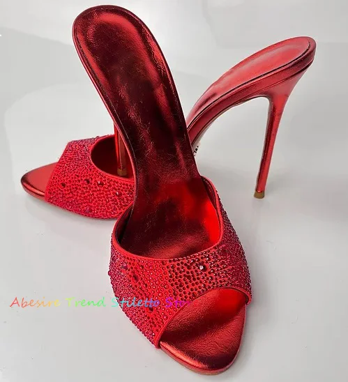 

Red Rhinestone High Heel Mules Women Sexy Peep Toe Stiletto Heel Slip On Ladies Silver Crystal Slingback Party Dress Slippers