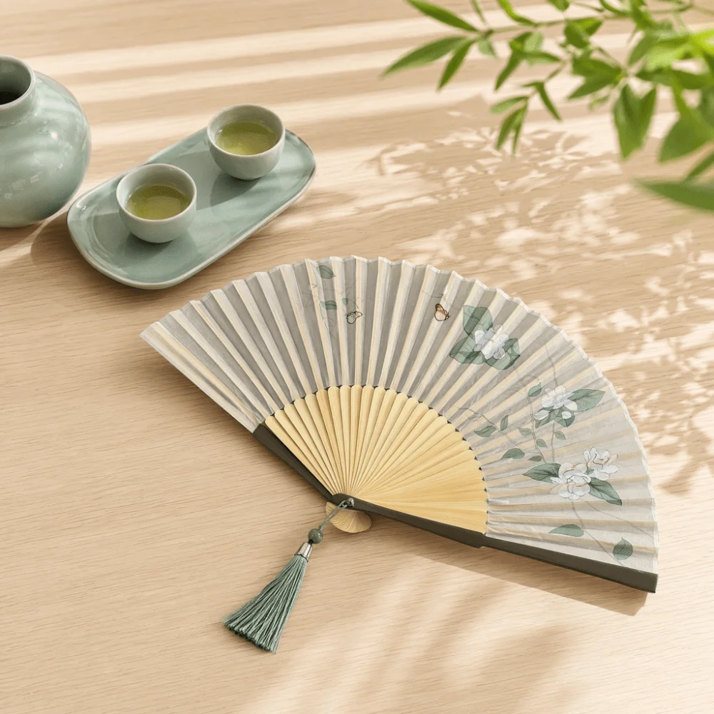 Daily Use Retro Folding Hand Fan Lotus Design Wooden Handle Chinese Style Fan with Tassels Classical Handheld Fan Festival