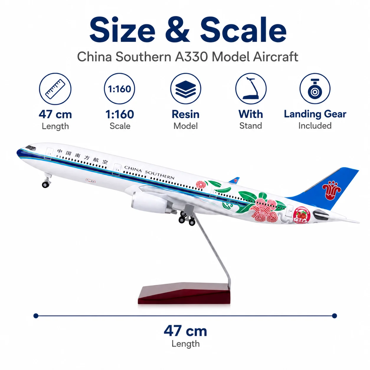 47cm A380 China Southern Airlines Passenger Plane (1/160 Scale with Lights and Landing Gear) Die-Cast Plastic Resin Model Collec