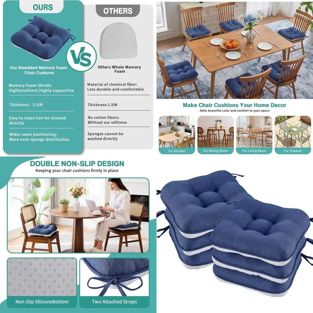 

Set of 6, 3.5 Thick Dining Chair Cushions with Ties, Non-Slip, 16x16 Navy Blue Seat Pads for Kitchen, Dining Room, and Patio