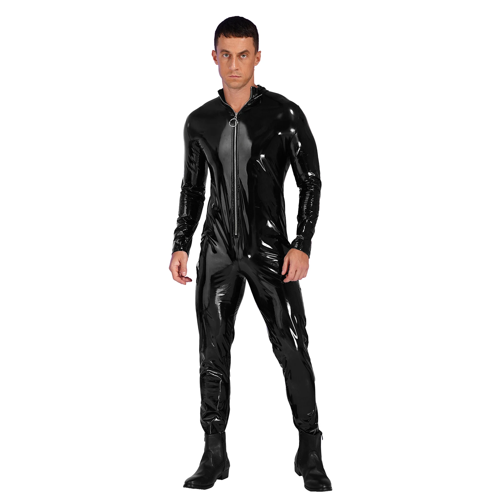 

Men Latex Leotard Bodysuit Shiny Wetlook Patent Leather Lingerie One Piece Long Sleeve Streetwear Stand Collar Jumpsuit Clubwear