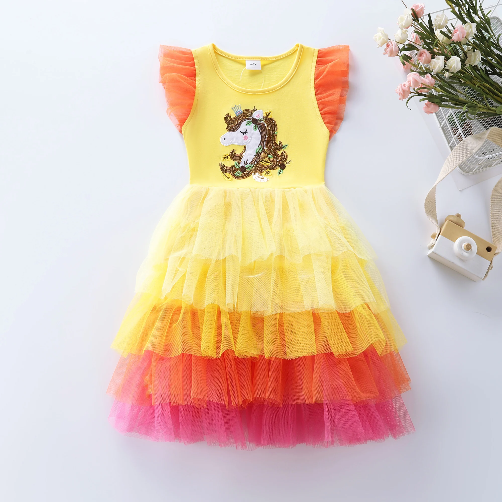 Girls Gradient Color Block Embroidered Horse Print Tulle Skirt Dress Festival Party Cake Dress with Fairy Wings 5 Layers of Mesh