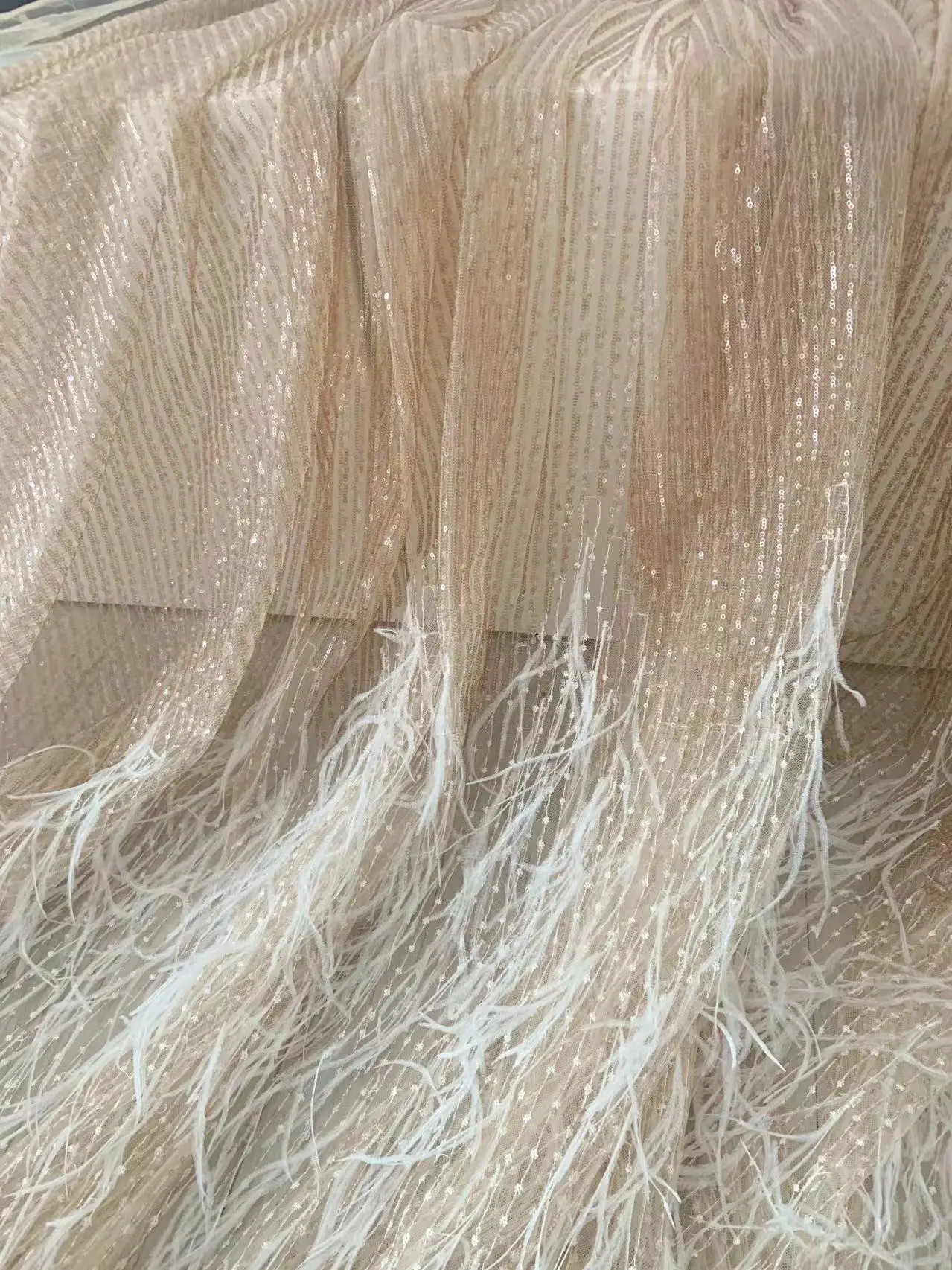 Deluxe1 Yard Rose Gold Plumes Fringe Tulle Lace Fabric with Sparkling Sequined Mest for Bridal Decor,Couture Dress Accessories