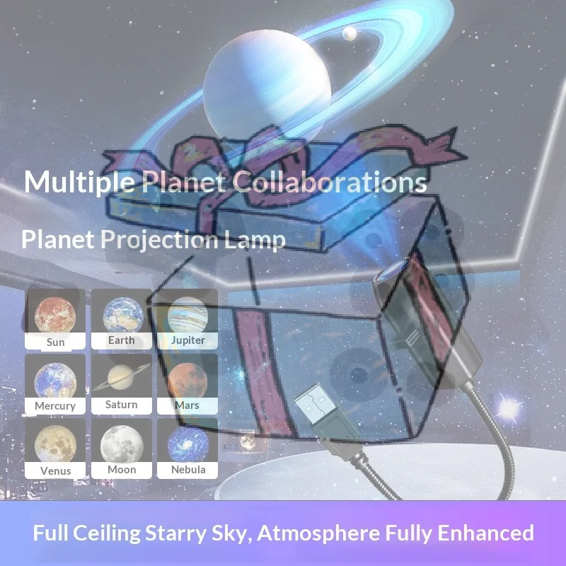 USB Starry Sky Projector Lamp 360° Rotatable Flexible Hose Planet Galaxy Projection Light With 3/6/10 Pcs Film Slides Bedroom