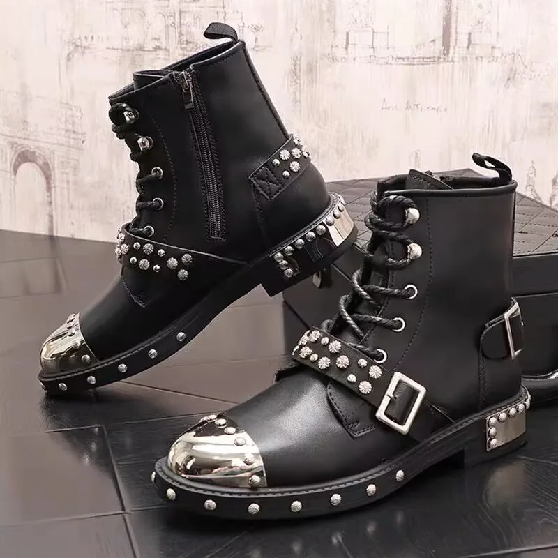 Spring Hot Black Smooth Leather Woman Stud Motorcycle Boots Metal Round Toe Buckles Boots Unisex Punk Style Boots