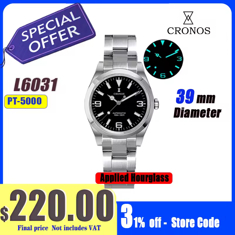 Cronos EX Diver Relógio Mecânico Masculino 39mm Automático PT5000 / Miyota 90S5 Vidro Safira Bucha Pulseira Glide Ferm 10ATM L6031