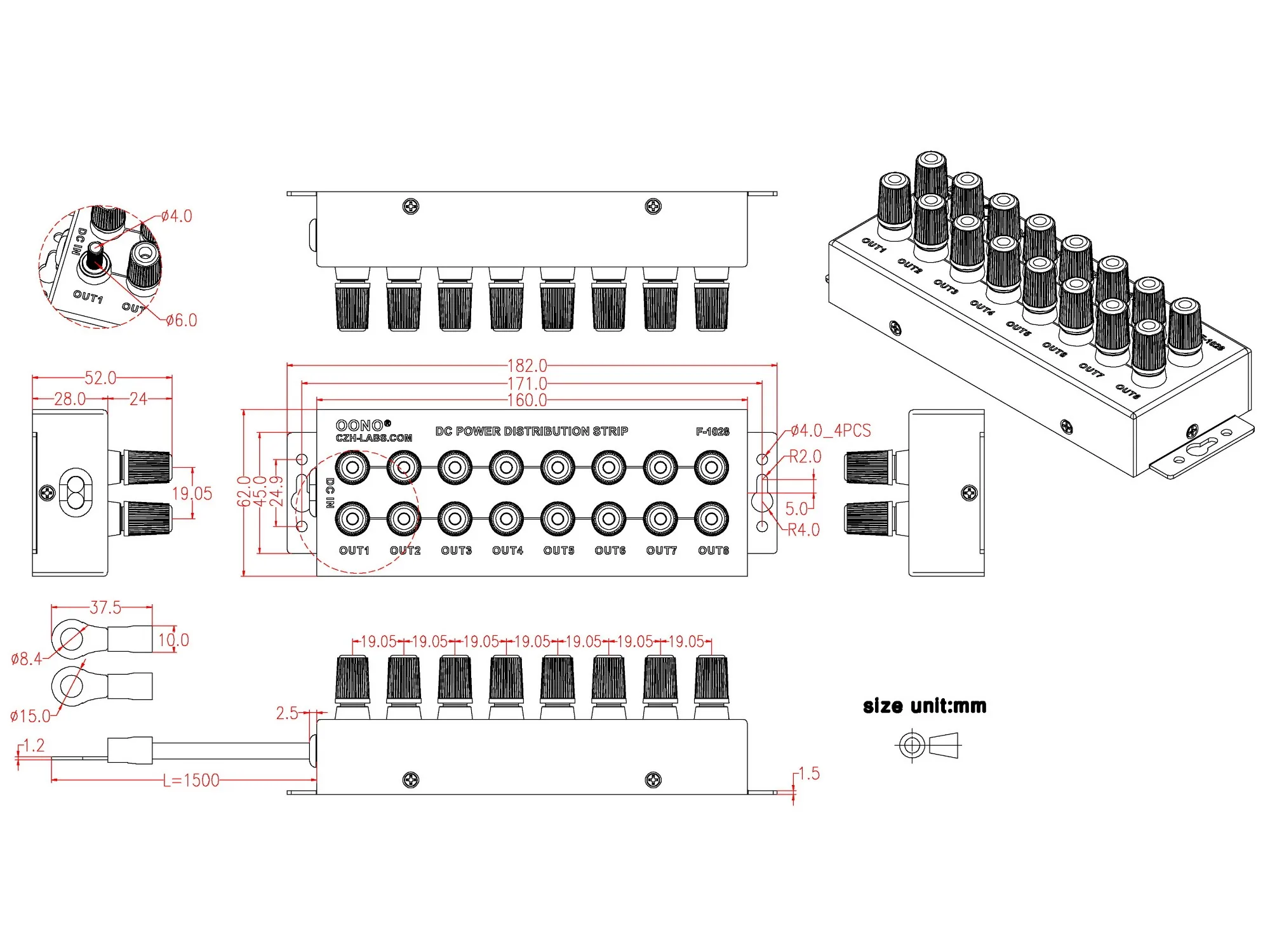 F-1028 Wired Banana Jack 8 Outlet DC Power Distribution Strip Box