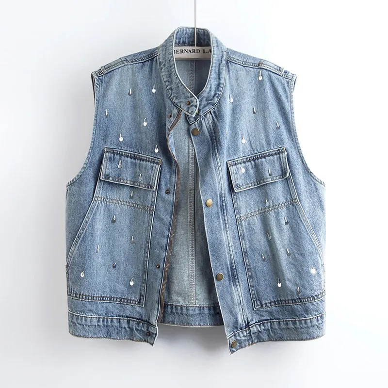 2026 Summer Women Fashion Beaded Sequins Blue Short Denim Vest Casual Loose Big Pocket Stand Collar Sleeveless Cowboy Waistcoat