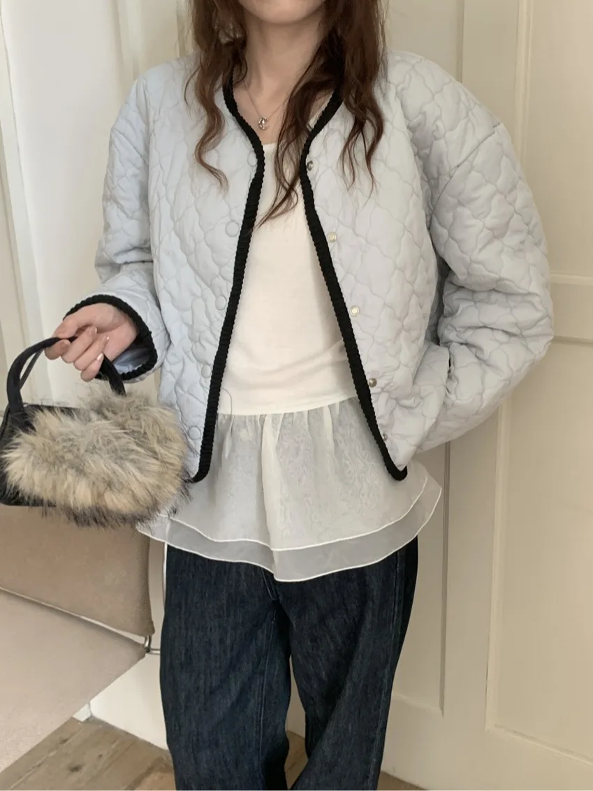 

Женская свободная хлопковая куртка с цветными вставками, круглым вырезом, на одной пуговице, мягкая, с ромбовидным узором, теплая, для осени и зимы