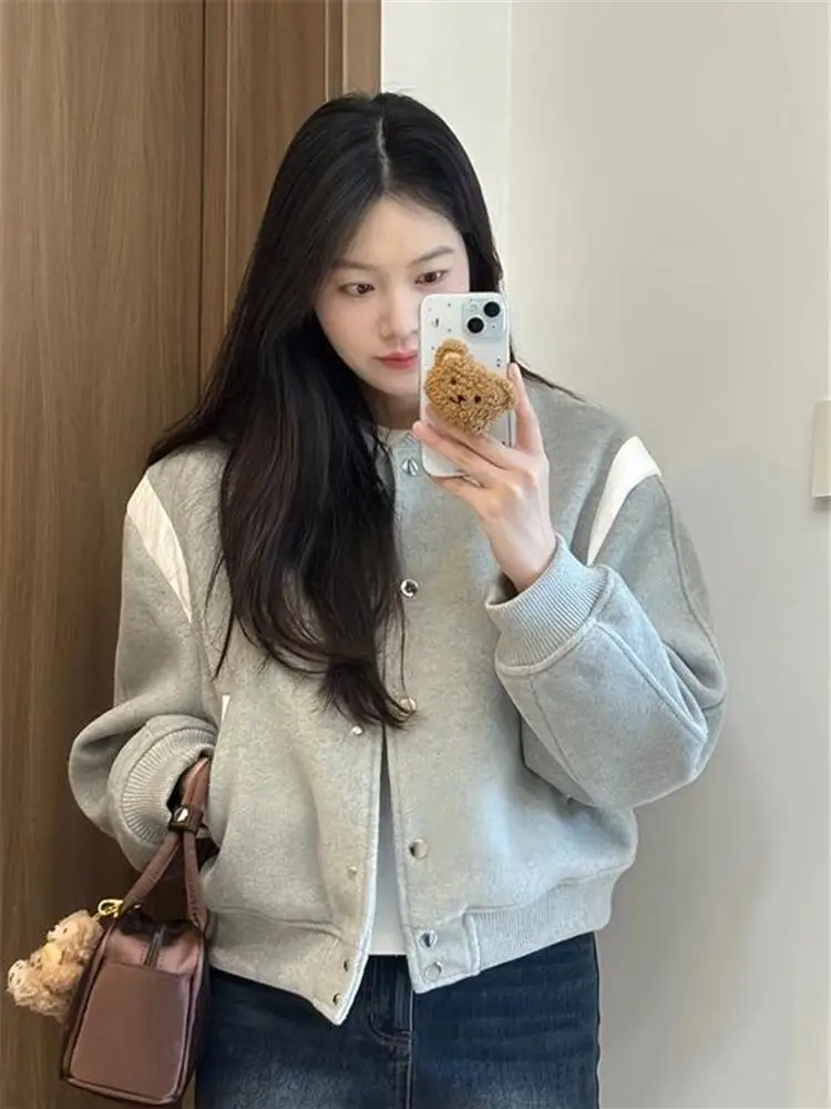 

Gray Retro Style Short Jacket Women's Spring Autumn Winter New Loose Small Size Baseball Uniform Jacket Top