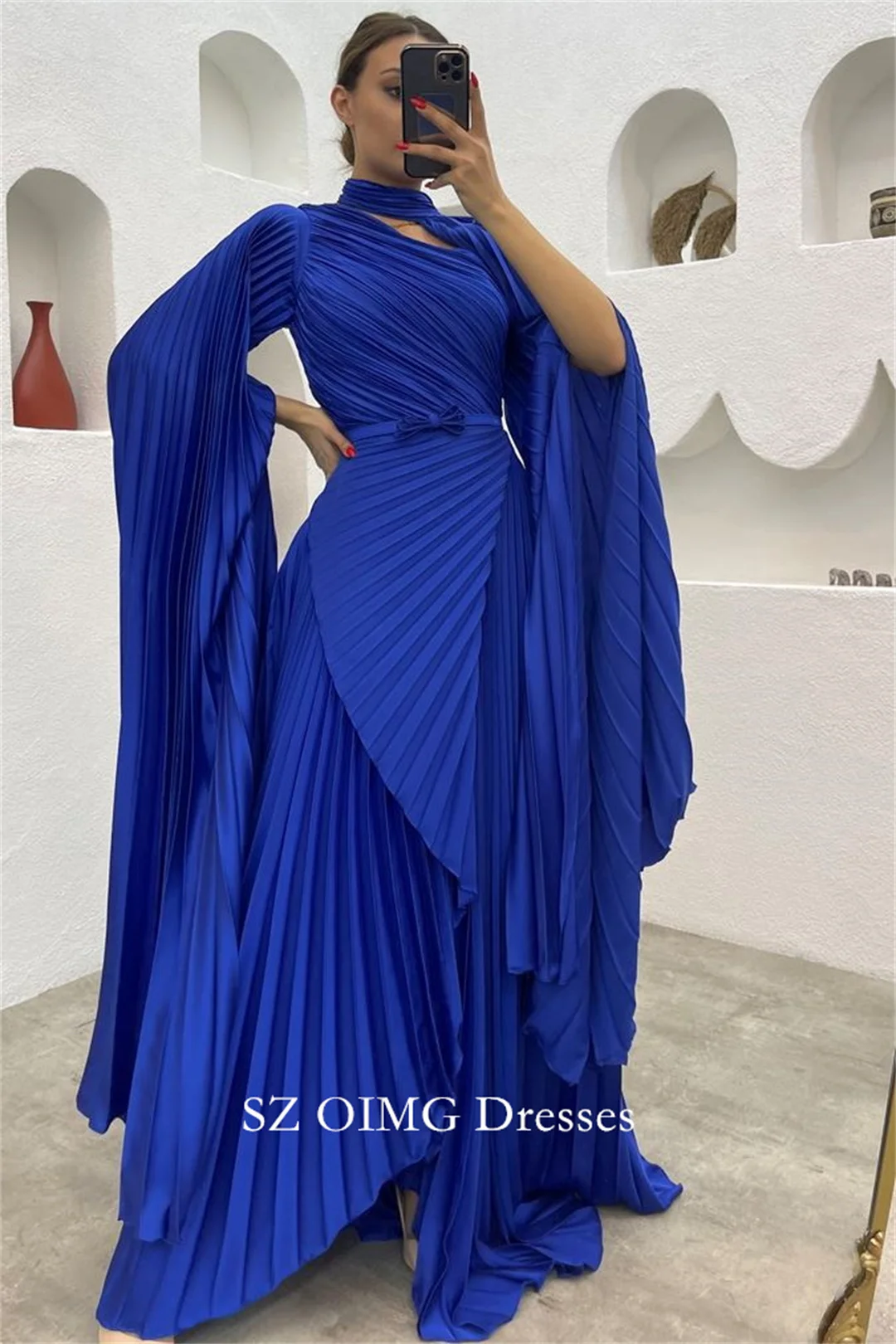 OIMG Arabic High Neck Satin  Dress Fashion Long Sleeves Pleated Modest Customized Wedding Party Gowns For Women 2024 Customized