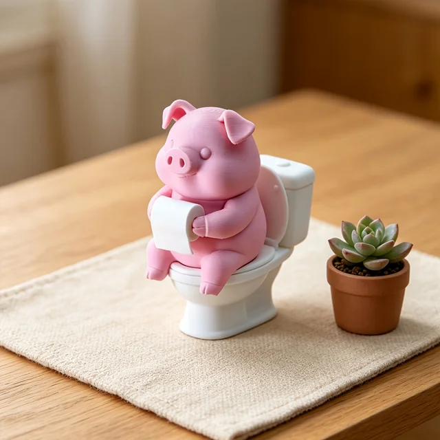 Porquinho Fofo Sentado no Banheiro, Decoração para Banheiro, Para Mesa ou Parede, Decoração para Escritório e Sala de Estar, Decoração para Casa