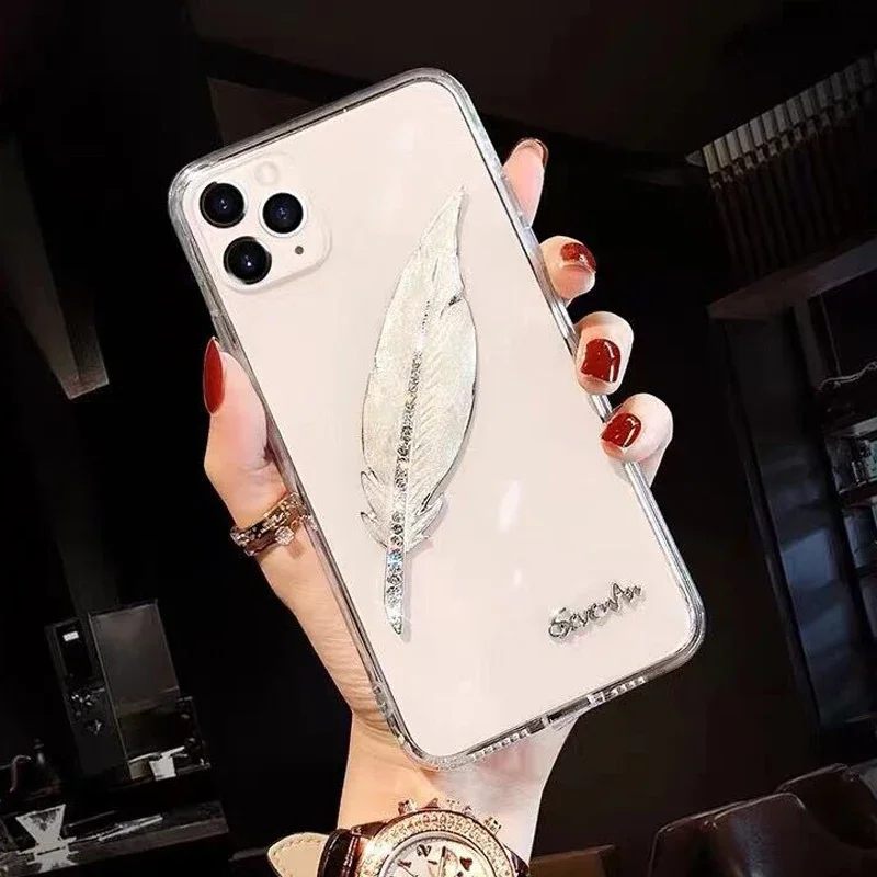 Bling Rhinestone Diamond Feather Soft Transparent Cover for Women, Case for Samsung A50, A70S, A32, A52, A71, A51, A72, A73, A53