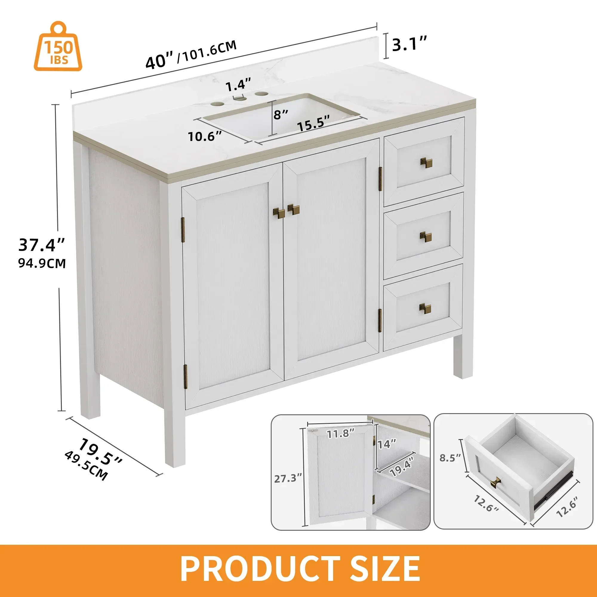 Modern Bathroom Vanity with Sink Combo & Splash Guard , Freestanding Bathroom Storage Cabinet with 3 Drawers & 2 Doors, White