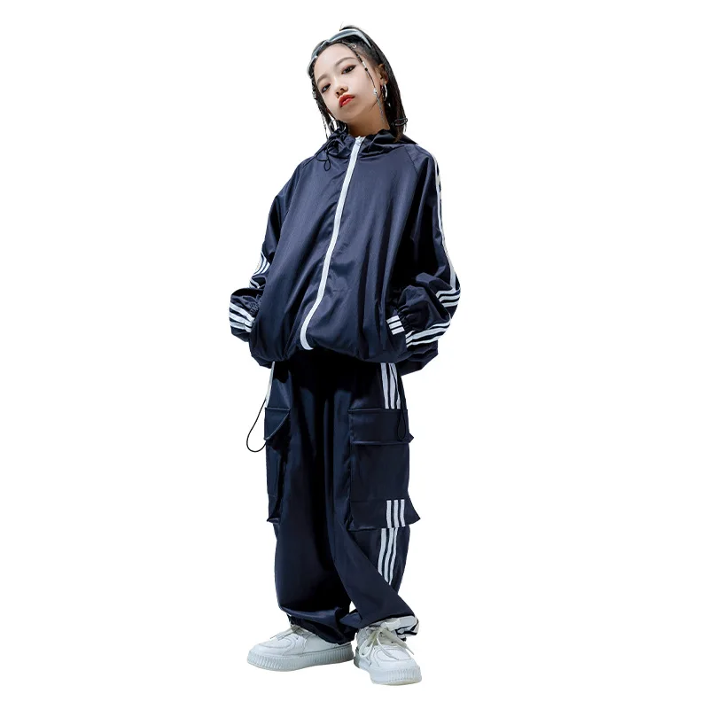 Hip Hop Girls Hooded Bomber Jacket Cargo Sport Pants Boys Street Dance Coat Streetwear Kids Jazz Outfits Children School Uniform