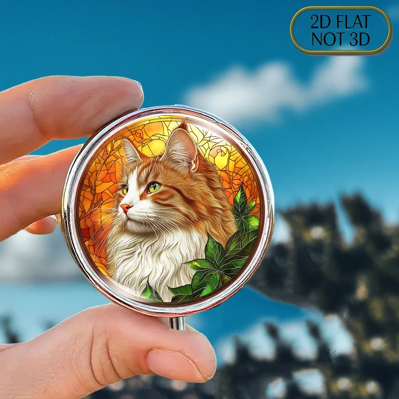 1 portable round metal pill box with a vibrant orange and white cat design - perfect for organizing medication and supplements on the go, food-safe, portable pill box