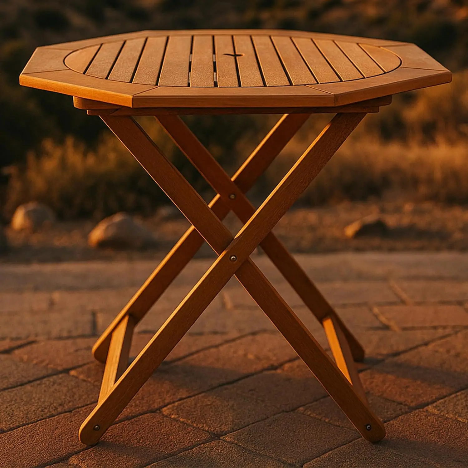 Meranti Wood Folding Outdoor Table, Octagon Patio Dining Desk With Umbrella Hole For Backyard Porch Garden Poolside, Portable Weather Resistant Furniture, Natural Teak Brown, One Piece
