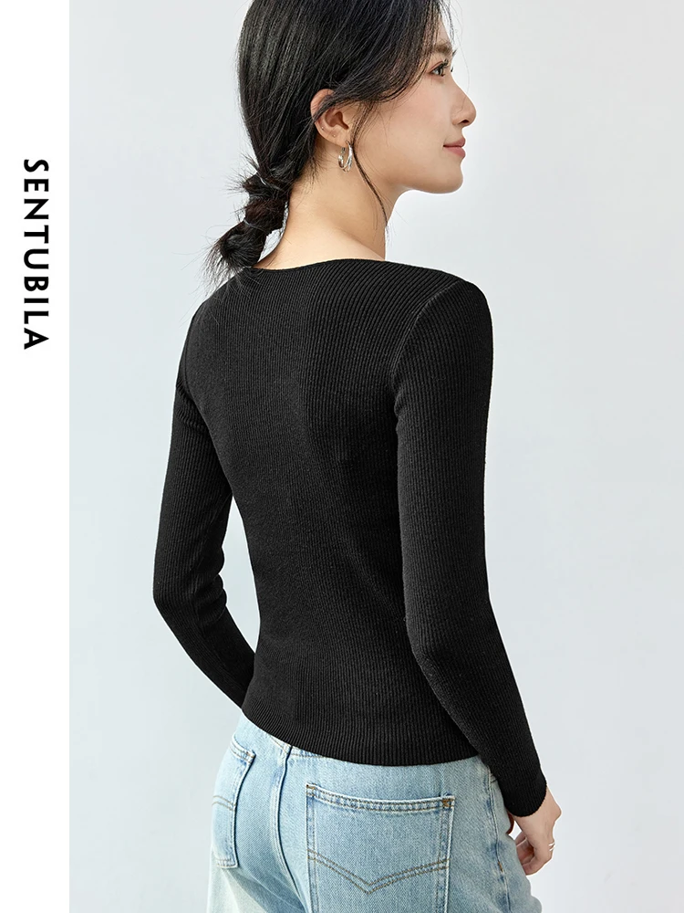 SENTUBILA Women Wool Hollow Out Pullovers   2024 Spring Autumn Slim Fit Knitted O Neck Long Sleeve  Tops W43H56121