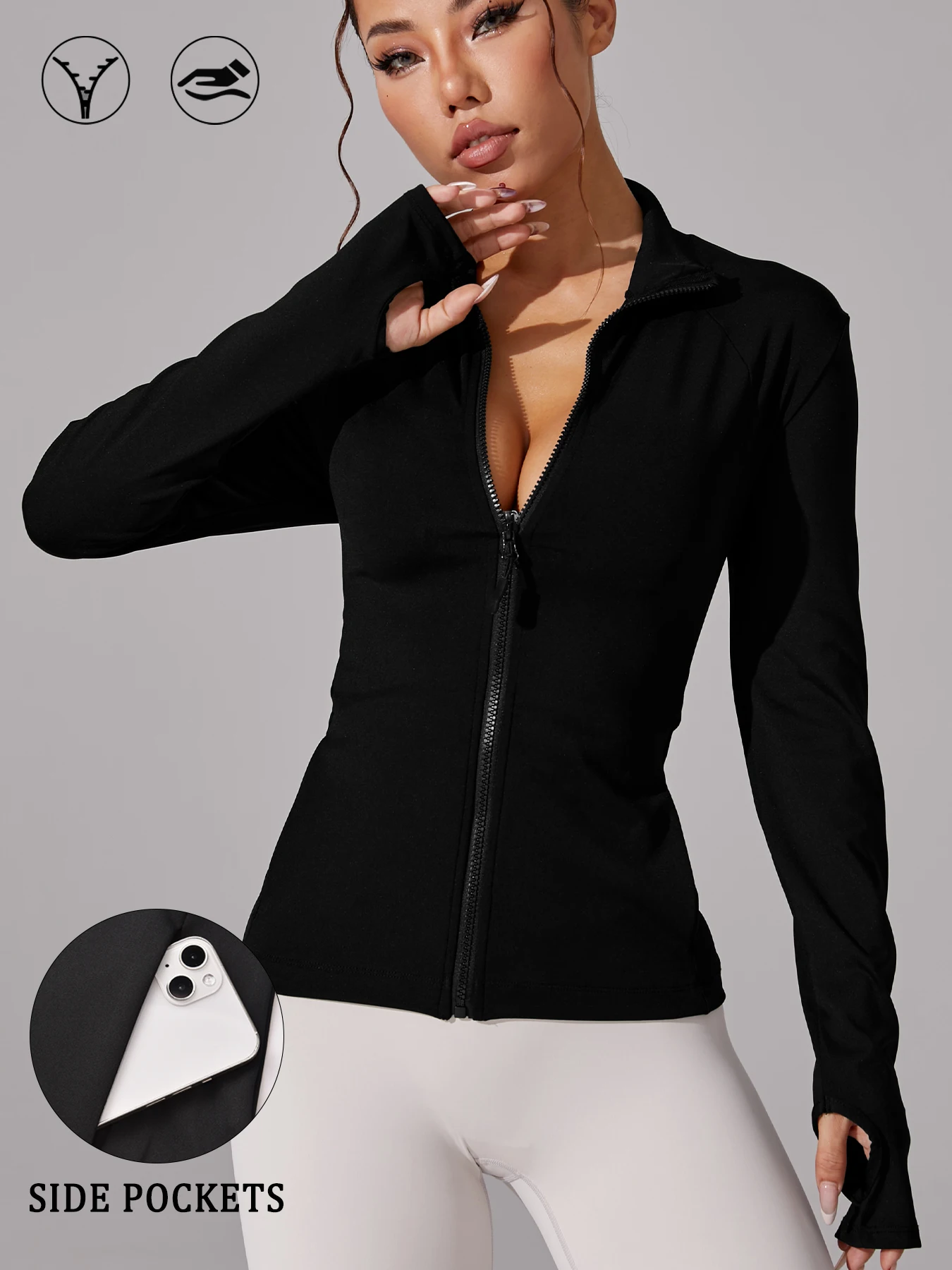 سترة جري للتمرين للنساء بفتحات إبهام بسحاب كامل مثالية للمشي لمسافات طويلة واليوجا والمزيد