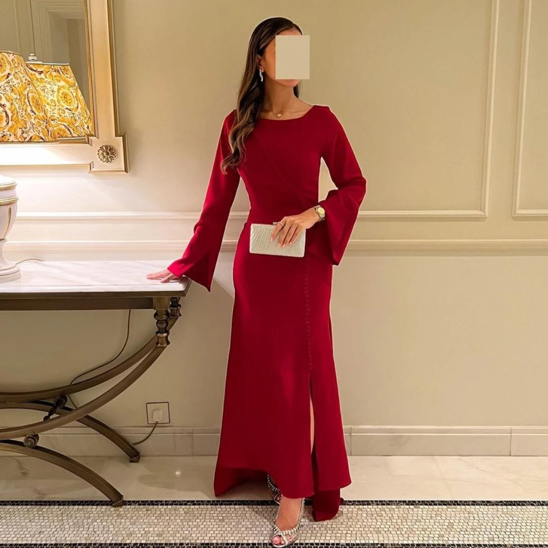 Gaun malam leher sendok Lovestory gaun malam wanita Arab Saudi kancing lengan panjang gaun Prom belah samping ritsleting belakang Vestidos De Noches