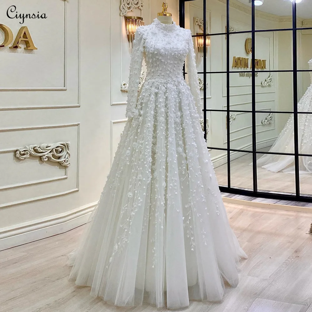 Ciynsia-vestidos de noiva princesa para mulheres, mangas compridas, vestido de noiva boho, renda romântica, noiva, França, 2024